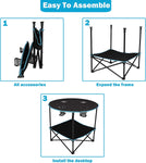 Folding Table, Travel Camping Picnic Collapsible Round Table with 4 Cup Holders and Carry Bag (Black & Blue)