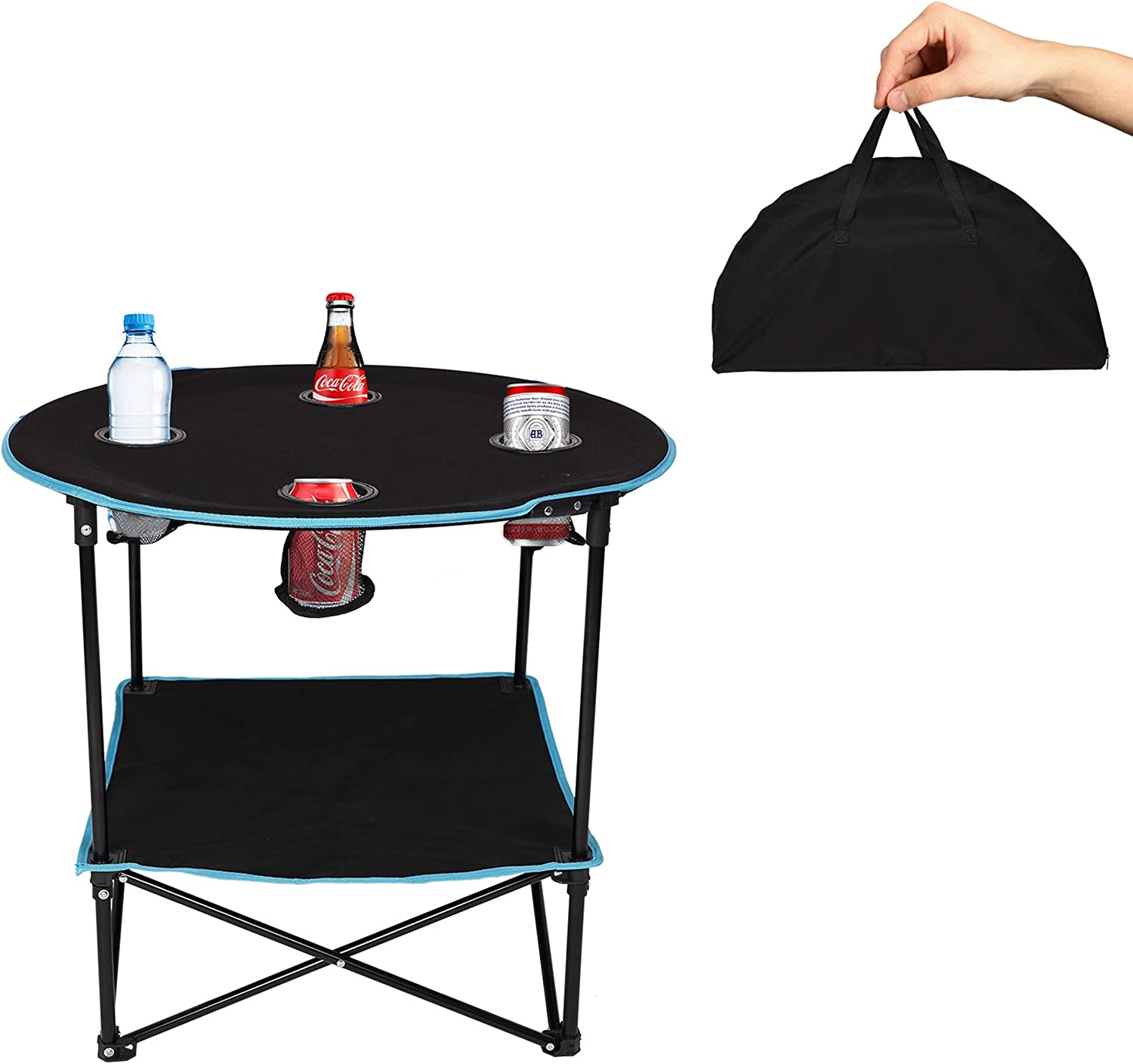 Folding Table, Travel Camping Picnic Collapsible Round Table with 4 Cup Holders and Carry Bag (Black & Blue)