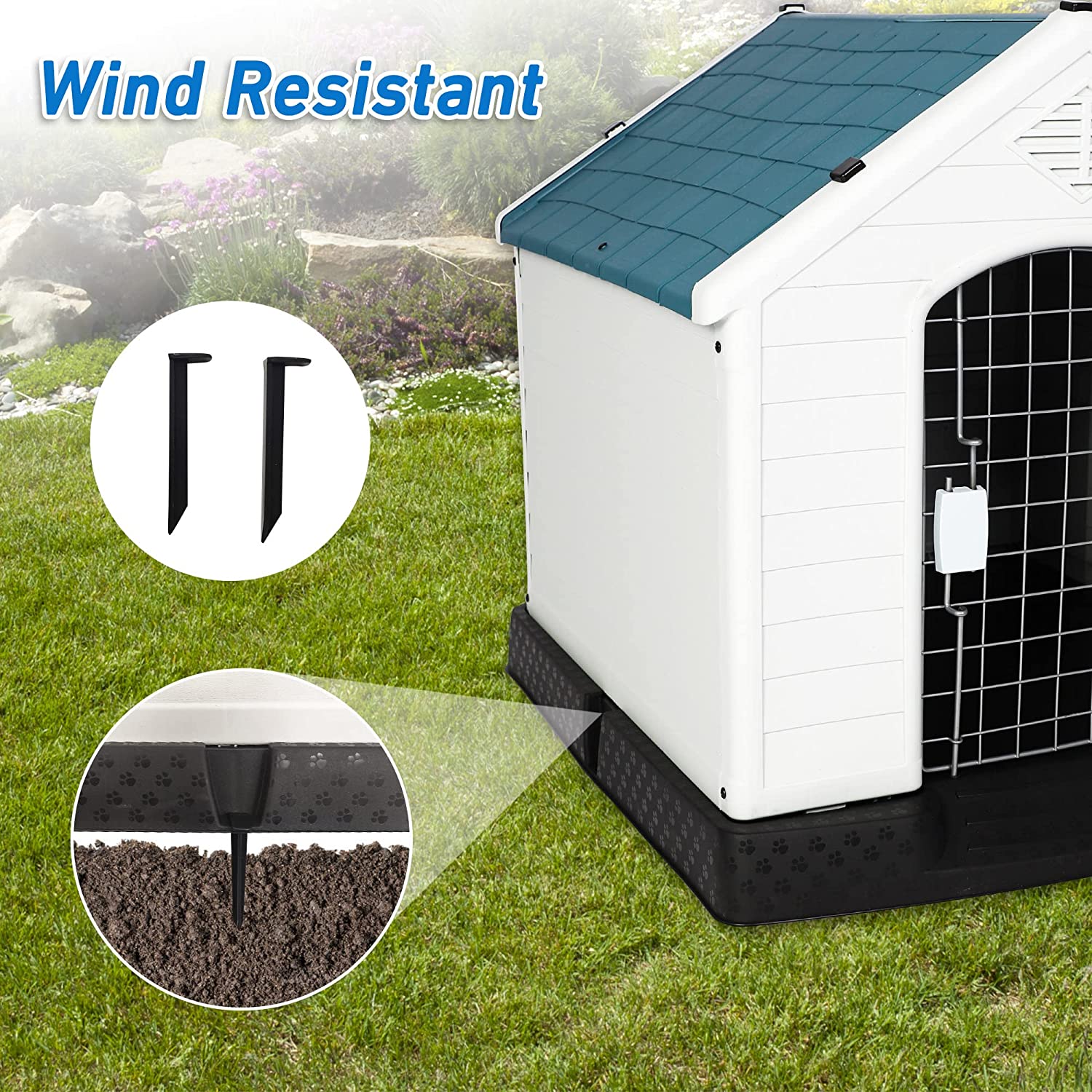 Plastic Outdoor Dog House with Door 24.8" Height Weatherproof Puppy Kennel Resistant Pet Crate with Elevated Floor Air Vents, Small
