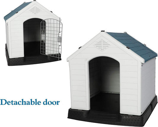 Plastic Outdoor Dog House with Door Weatherproof Puppy Kennel Resistant Pet Crate with Elevated Floor Air Vents, Small