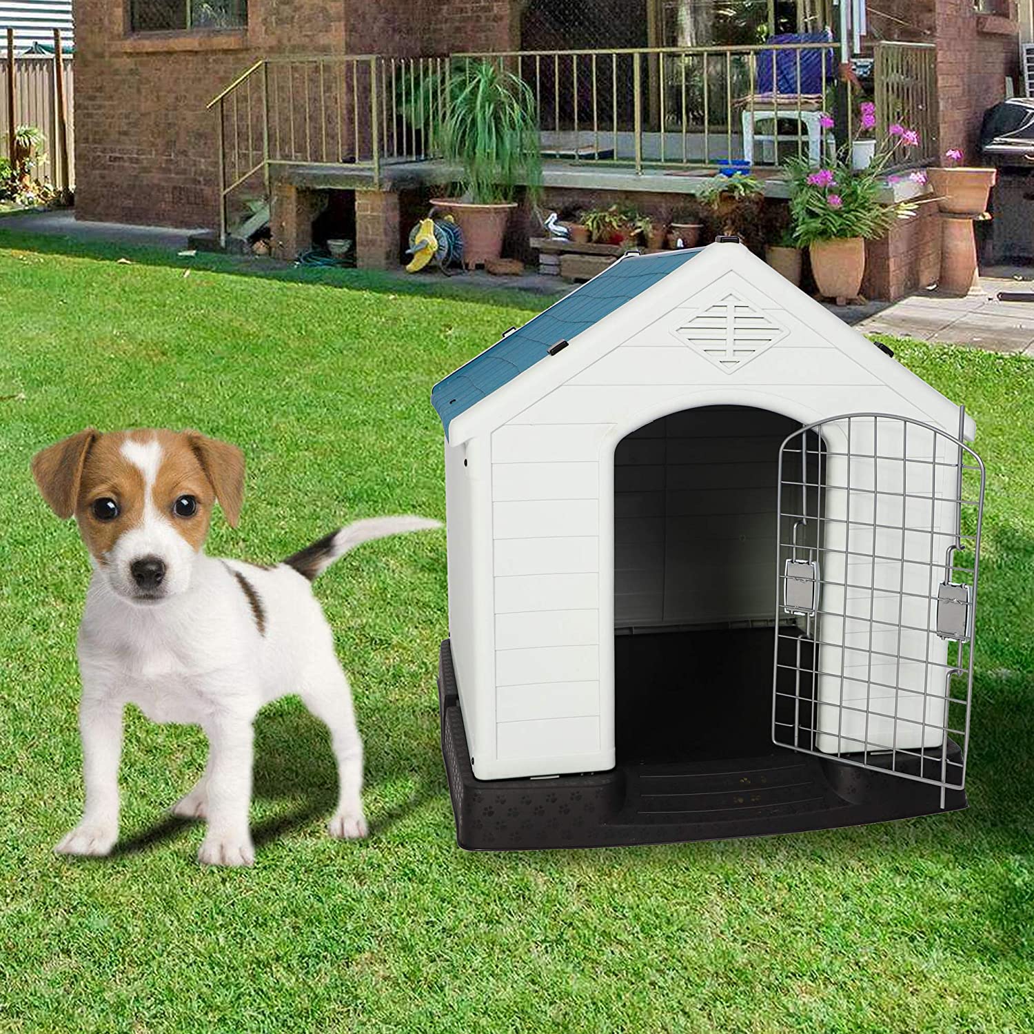 Plastic Outdoor Dog House with Door 24.8" Height Weatherproof Puppy Kennel Resistant Pet Crate with Elevated Floor Air Vents, Small