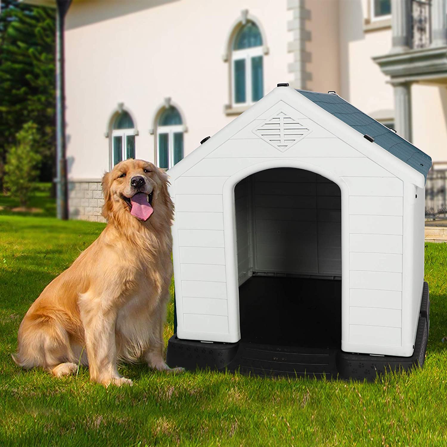 Dog House Outdoor Plastic Weatherproof Kennel House with Elevated Floor, 35.5" L x 37.5" W x 39"H