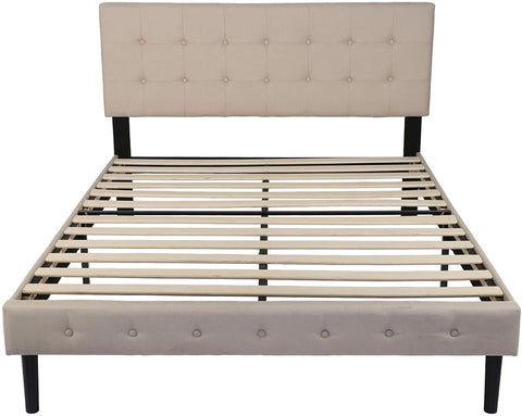 Queen Platform Bed, Fabric Upholstered Queen Bed Frame with Solid Wooden Slat Support and Headboard