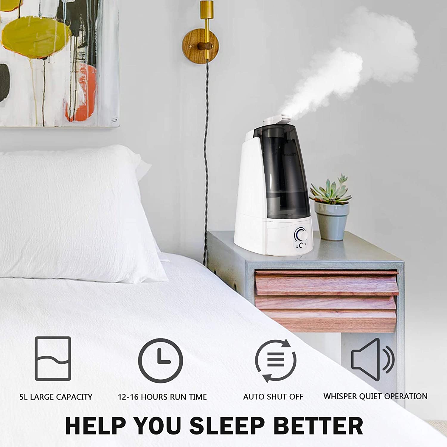 Quiet Ultrasonic Cool Mist Humidifier 5L with Auto Shut-Off Adjustable Mist Output