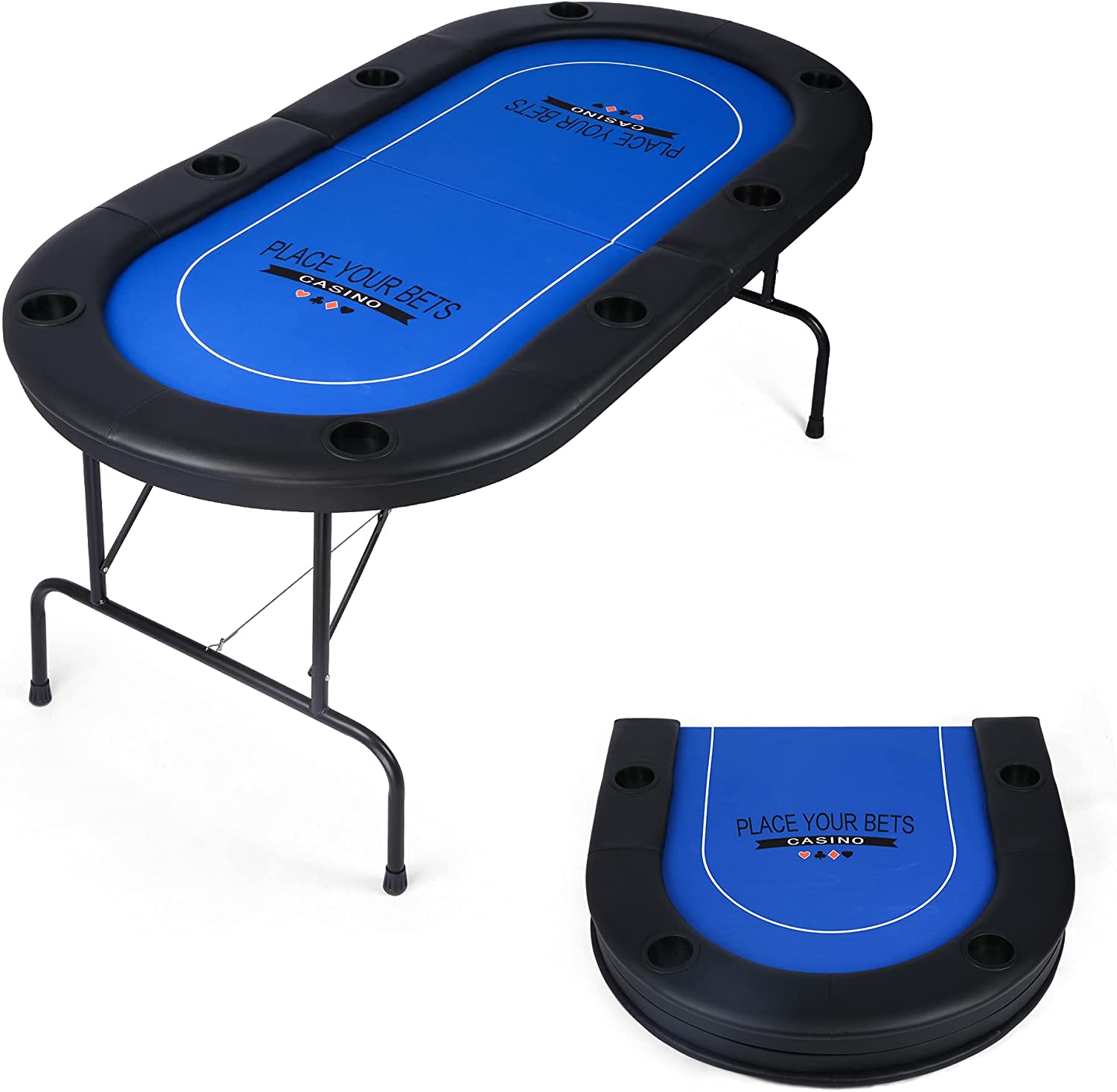 Foldable 6-8 Players Poker Table Texas Holdem Poker Casino Games w/ Faux Leather Padded Rails and Cup Holders, Blue