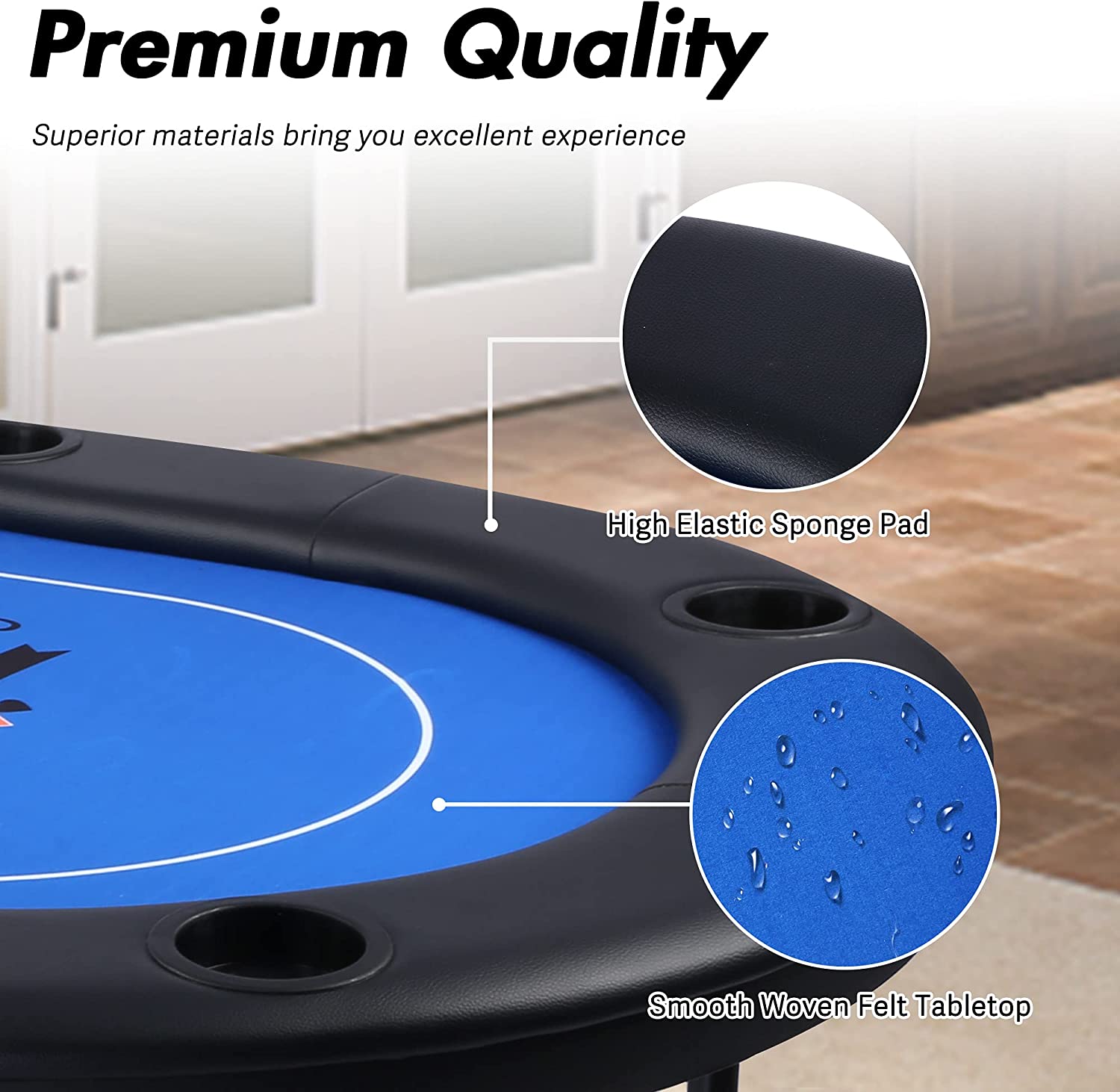 Foldable 6-8 Players Poker Table Texas Holdem Poker Casino Games w/ Faux Leather Padded Rails and Cup Holders, Blue