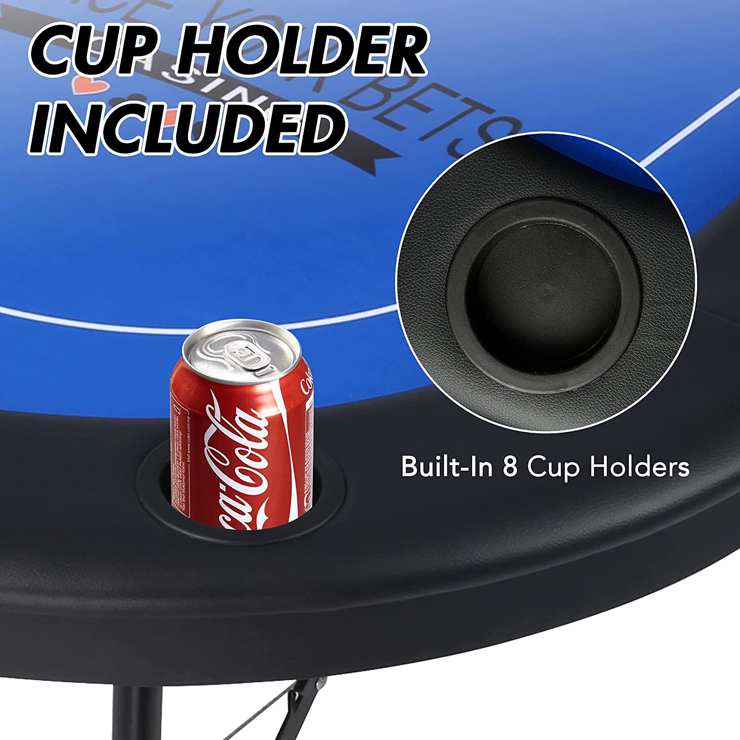 Foldable 6-8 Players Poker Table Texas Holdem Poker Casino Games w/ Faux Leather Padded Rails and Cup Holders, Blue