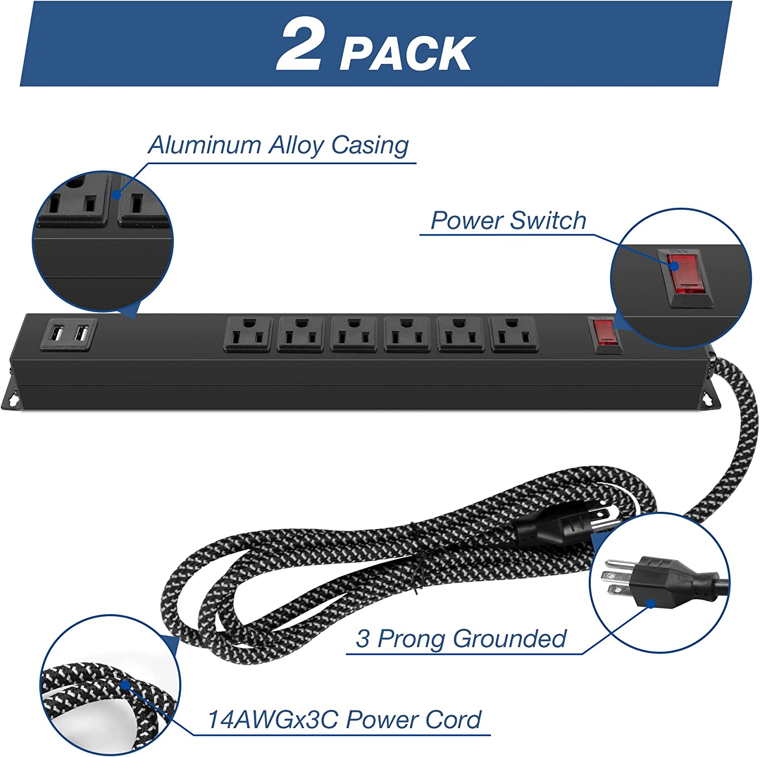 2 Pack Long Power Strip, 6 Metal Power Outlets 2 USB Ports, 6 ft Long Extension Cord with Hook & Loop, Black