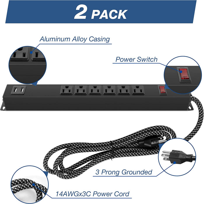 2 Pack Long Power Strip, 6 Metal Power Outlets 2 USB Ports, 6 ft Long
