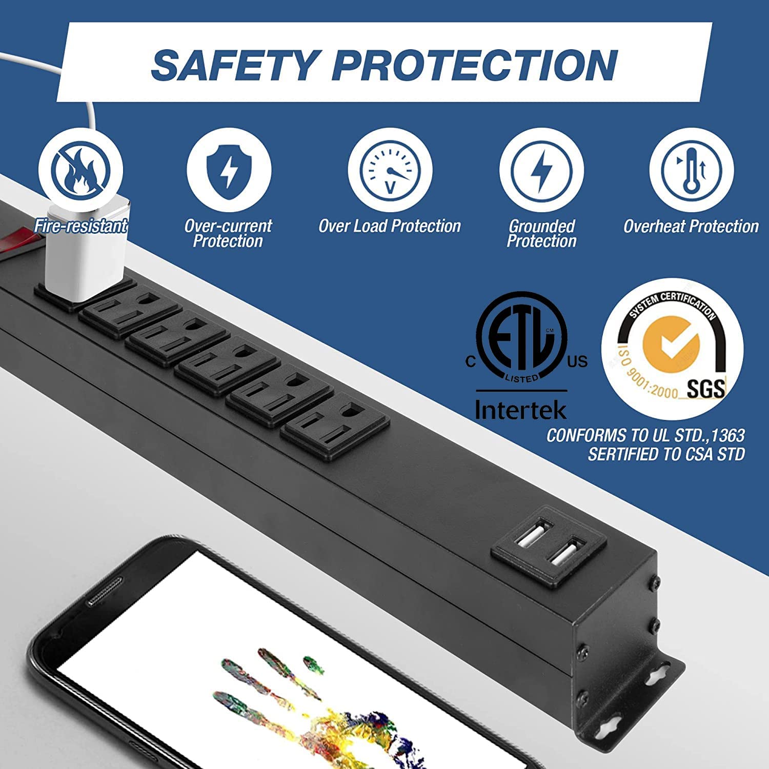 2 Pack Long Power Strip, 6 Metal Power Outlets 2 USB Ports, 6 ft Long