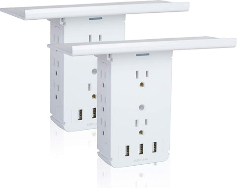 Wall Outlet Extender-2 Pack Surge Protector Multifunctional Outlet Wall Plug with 3 USB Ports(3.4A Total), 8 AC Outlets, Removable Outlet Shelf