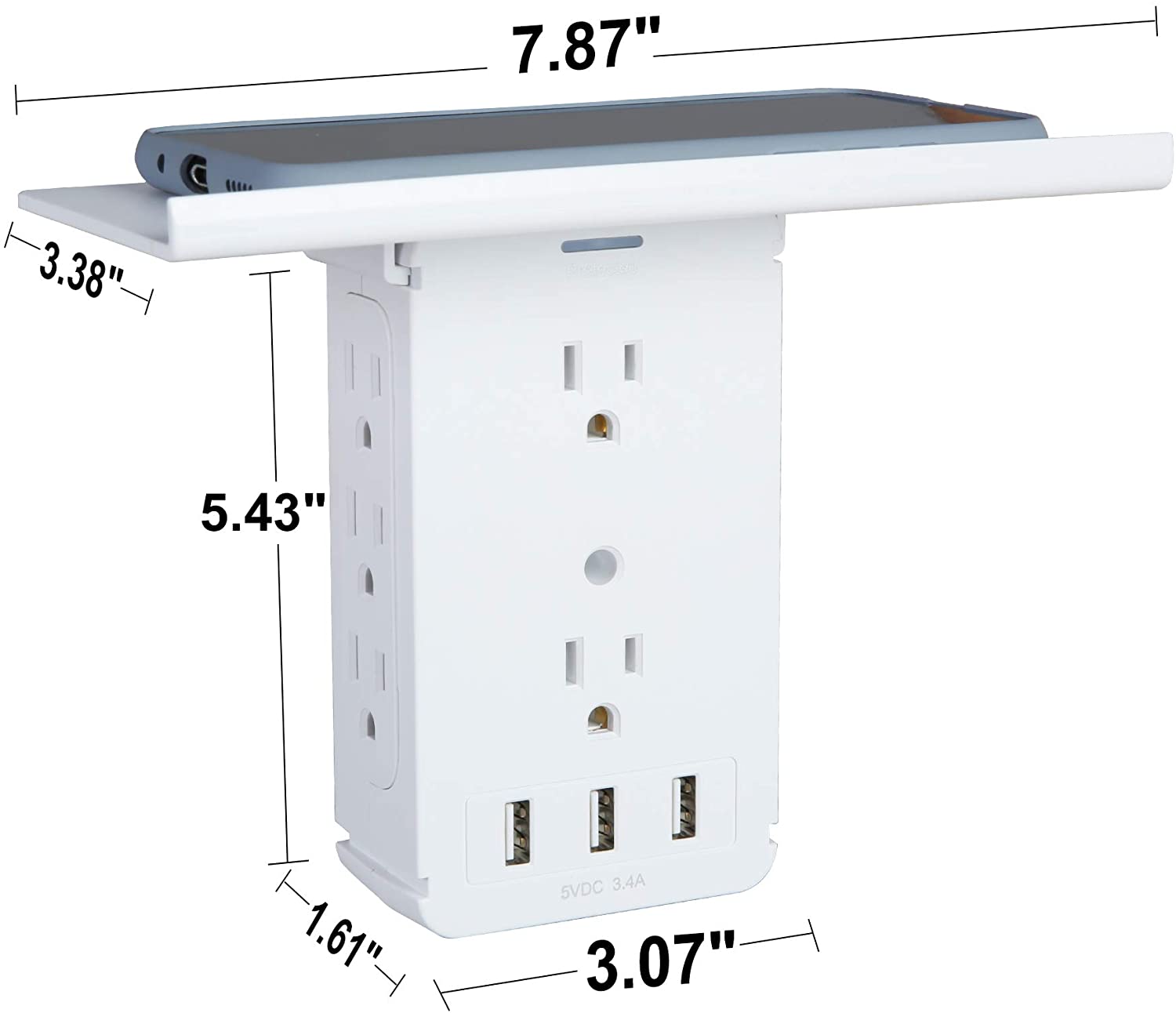 Wall Outlet Extender-2 Pack Surge Protector Multifunctional Outlet Wall Plug with 3 USB Ports(3.4A Total), 8 AC Outlets, Removable Outlet Shelf