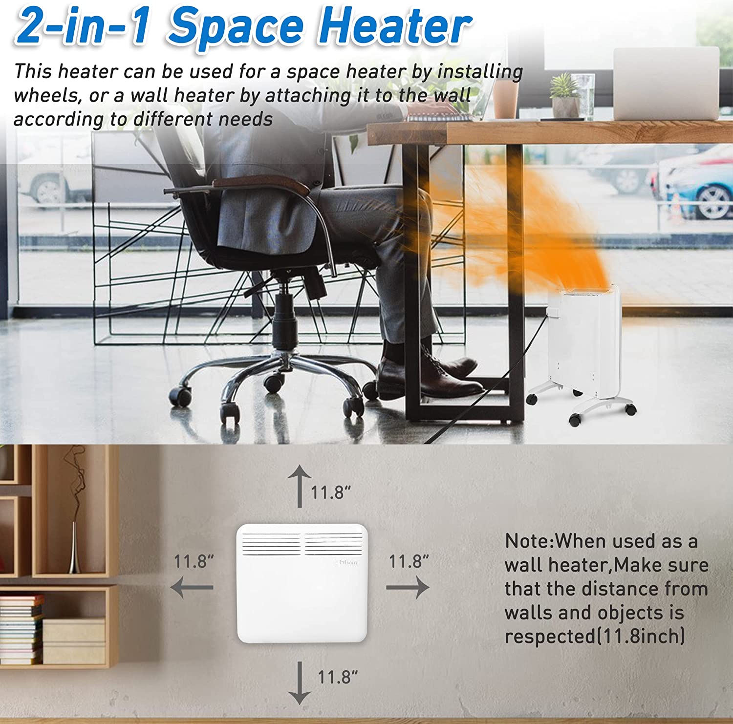 (Out of Stock) 750W Wall-Mounted Electric Space Heater with Adjustable Thermostat, Portable Convection Freestanding Heater