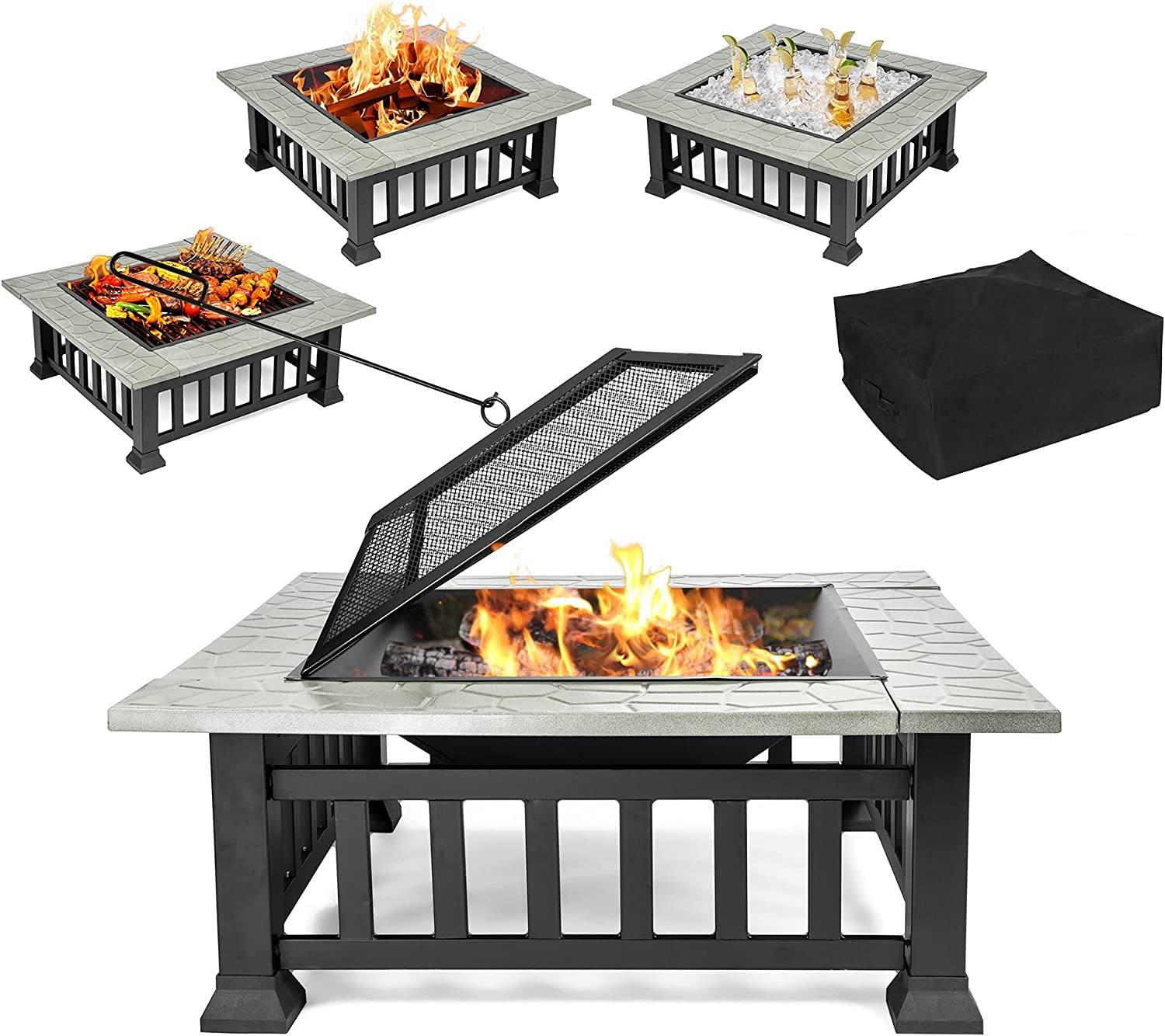 32 Inch Square Fire Pit Table with Wood-Burning Grill, Poker, Lid, and Rain Cover