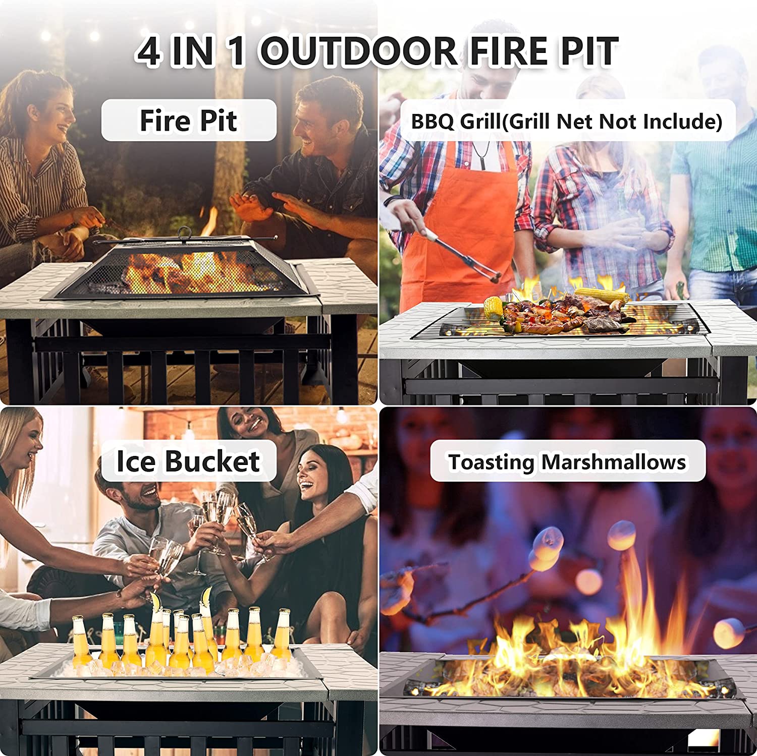 32 Inch Square Fire Pit Table with Wood-Burning Grill, Poker, Lid, and Rain Cover - Bosonshop