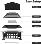 4-in-1 Fire Pit Table Square Bonfire Pits Stove, 32'' Fire Pit Bowl Grill  Wood Burning with Fire Poker, Lid&Rain Cover, Square Bonfire Pits Stove