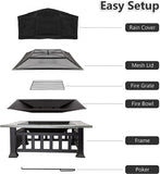 4-in-1 Fire Pit Table Square Bonfire Pits Stove, 32'' Fire Pit Bowl Grill  Wood Burning with Fire Poker, Lid&Rain Cover, Square Bonfire Pits Stove