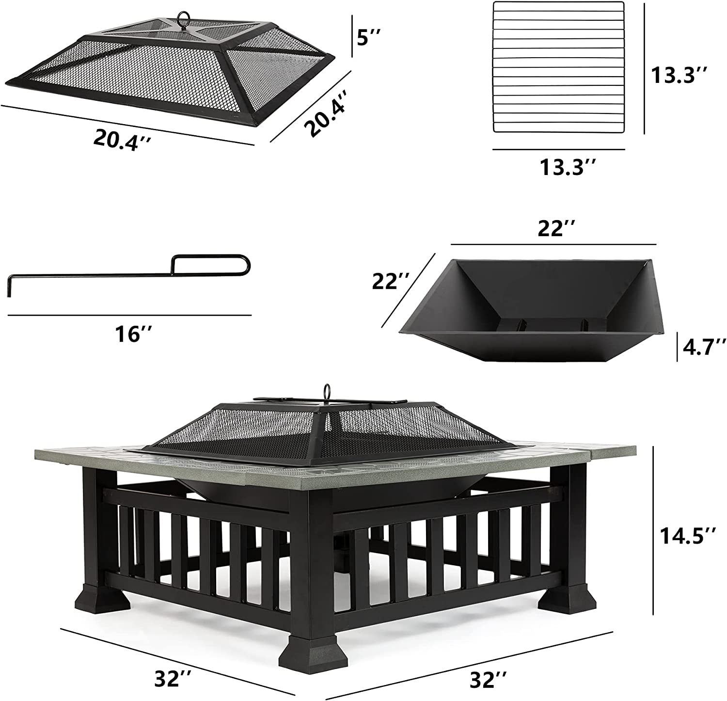 32 Inch Square Fire Pit Table with Wood-Burning Grill, Poker, Lid, and Rain Cover