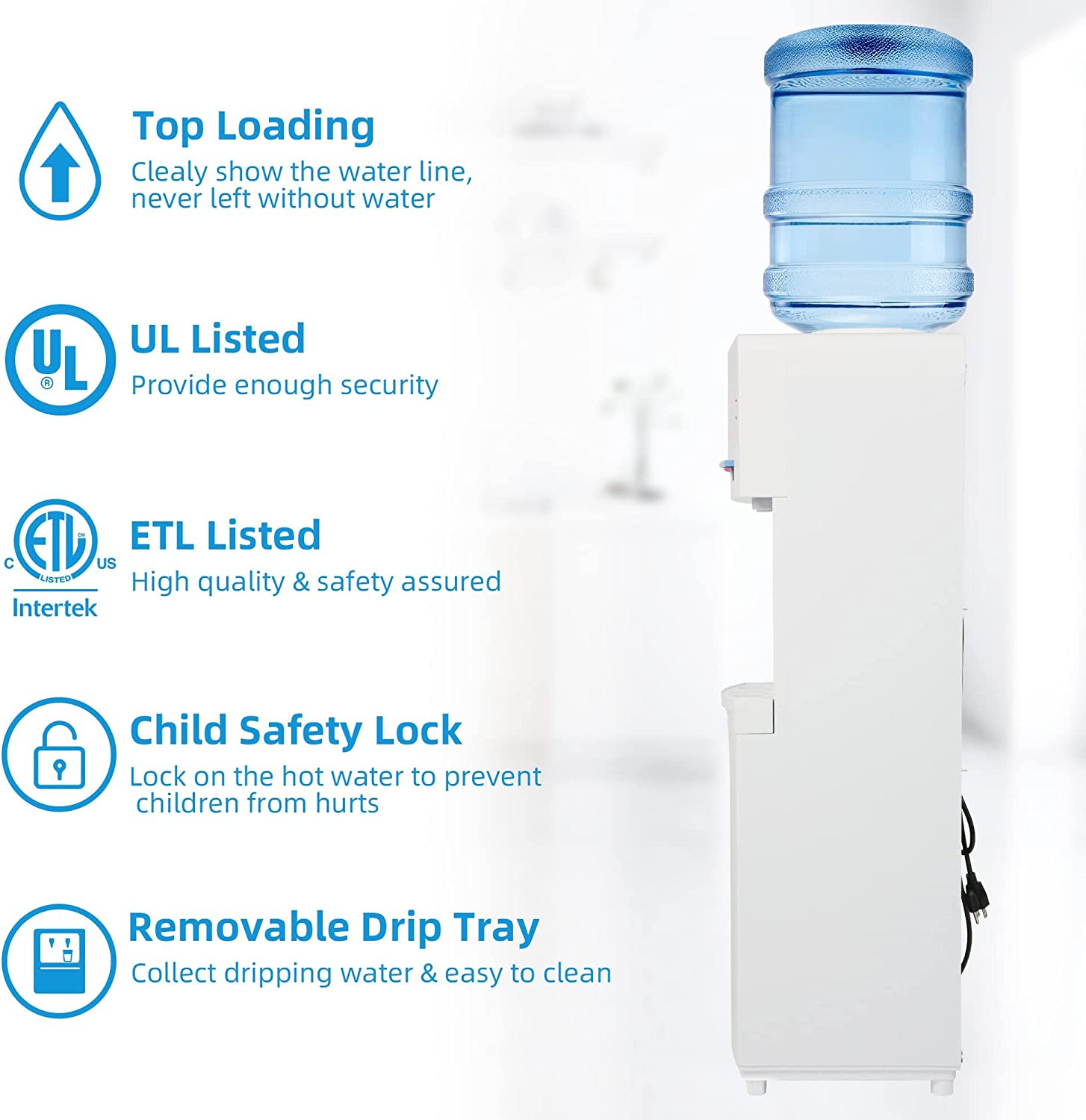 5 Gallon Top Loading Water Cooler Water Dispenser with Child Safety Lock, 2 Temps (Hot & Cold), ETL Listed, White