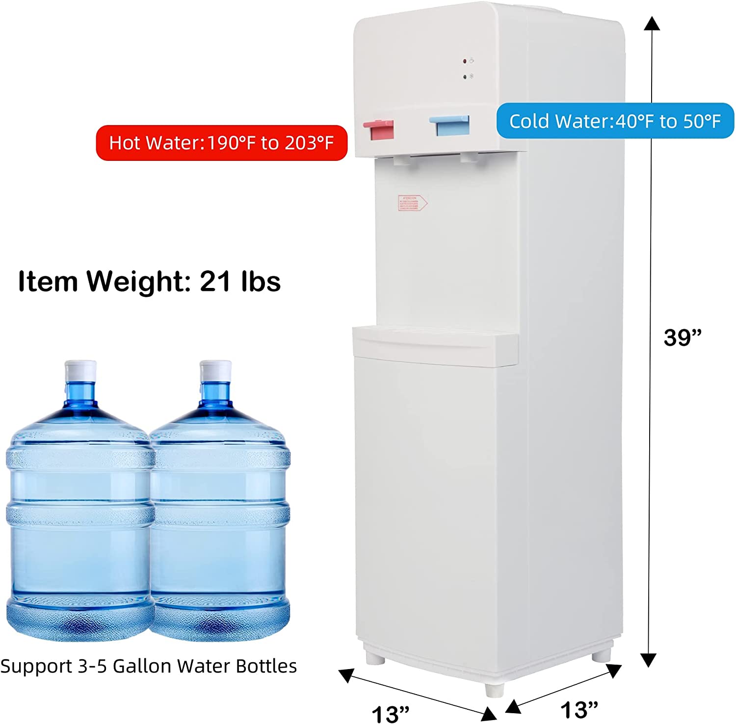 5 Gallon Top Loading Water Cooler Water Dispenser with Child Safety Lock, 2 Temps (Hot & Cold), ETL Listed, White