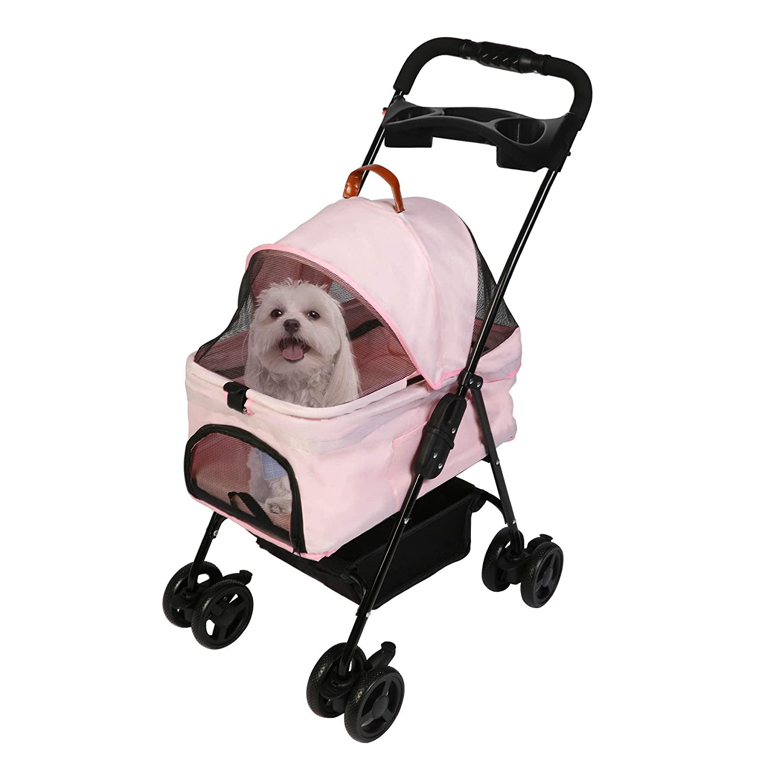 Foldable Pet Stroller with Detachable Carrier & Cup Holder for Small Dog/Cat, Pink