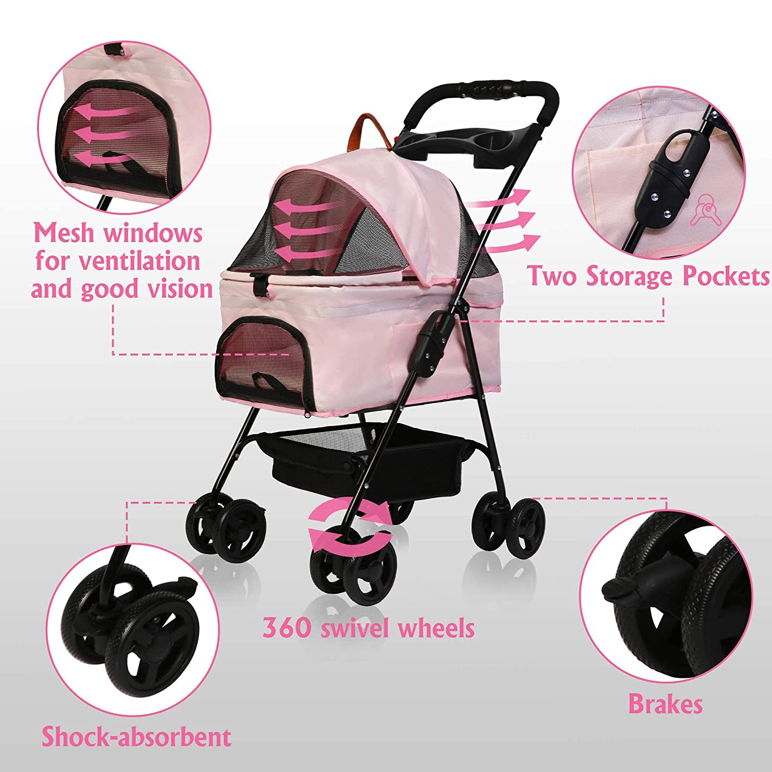 Foldable Pet Stroller with Detachable Carrier & Cup Holder for Small Dog/Cat, Pink