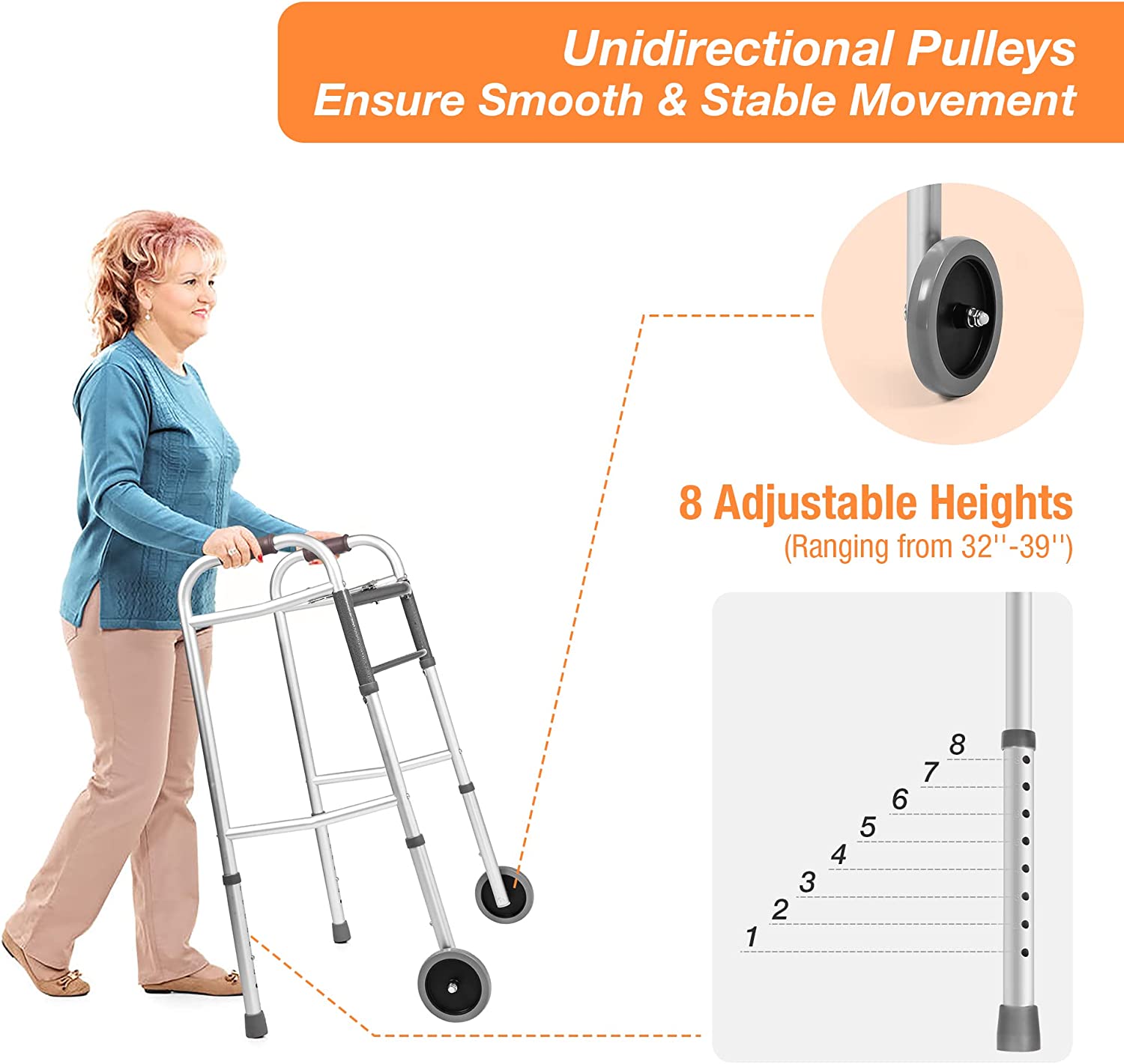 Lightweight Aluminum Alloy Folding Walker with 5" Wheels, 8-Level Height Adjustable Supports up to 300lbs