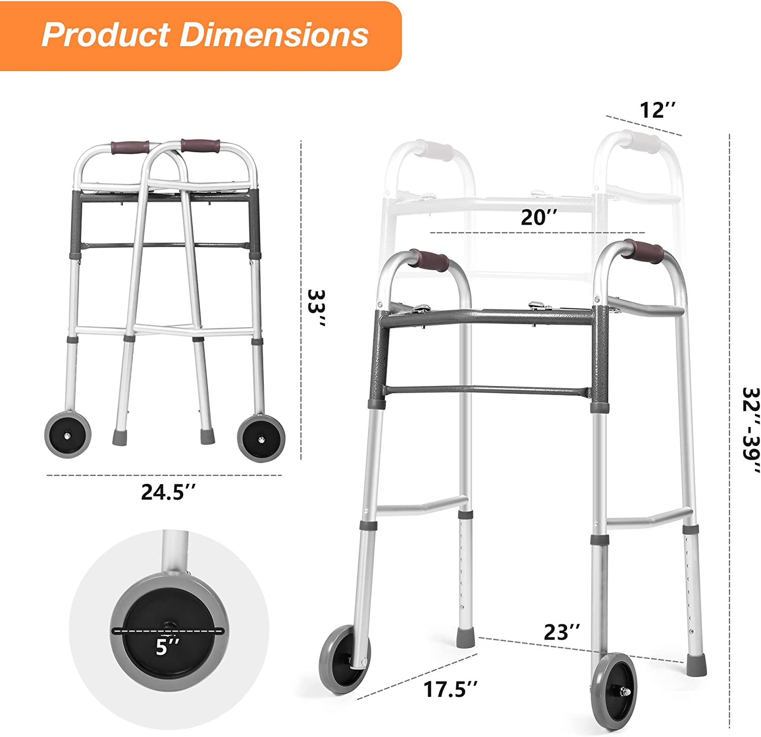 Lightweight Aluminum Alloy Folding Walker with 5" Wheels, 8-Level Height Adjustable Supports up to 300lbs