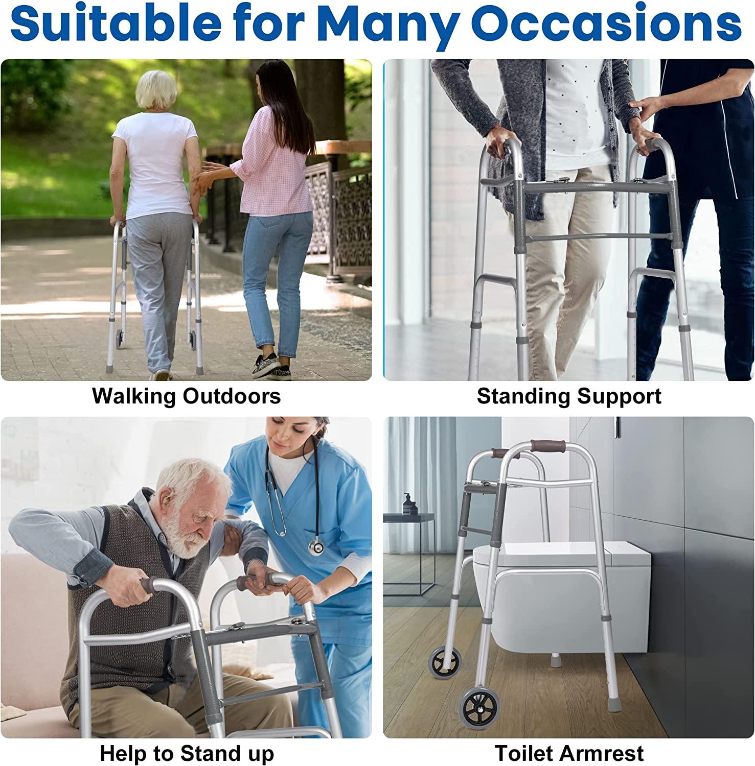 Versatile 32"-39" Adjustable Foldable Walker with 5" Wheels & Folding Button, Supports up to 300 lbs