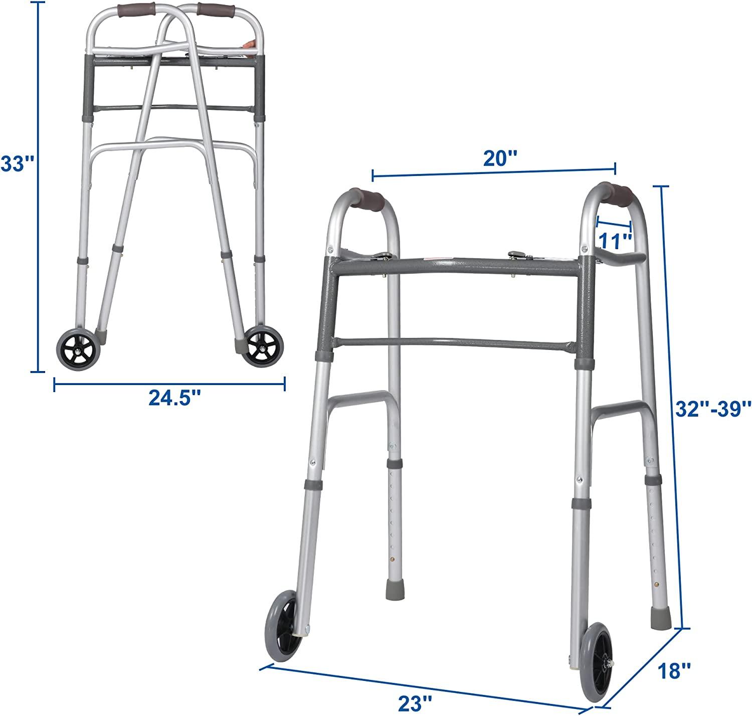 Versatile 32"-39" Adjustable Foldable Walker with 5" Wheels & Folding Button, Supports up to 300 lbs