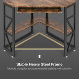 Triangle Computer Desk, Corner Desk w/ Keyboard Tray & Storage Shelves, Small Desk Steel Frame, Rustic Brown