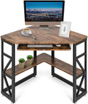 Triangle Computer Desk, Corner Desk w/ Keyboard Tray & Storage Shelves, Small Desk Steel Frame, Rustic Brown