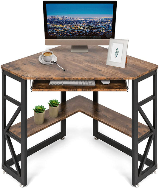 (Out of Stock) Triangle Computer Desk, Corner Desk w/ Keyboard Tray & Storage Shelves, Small Desk Steel Frame, Rustic Brown