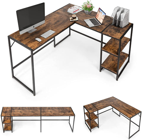 57.9" L-Shaped Desk with Storage Shelves, Corner Computer Desk Modern Home Office Desk, Rustic Brown