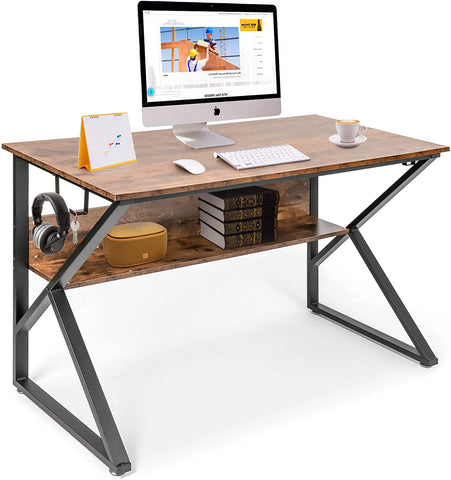 Computer Desk w/ Bookshelf, Large Desk Study Writing Table with 4 Hooks Home Office Desk, Rustic Brown