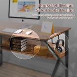 Computer Desk w/ Bookshelf, Large Desk Study Writing Table with 4 Hooks Home Office Desk, Rustic Brown