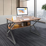 Computer Desk w/ Bookshelf, Large Desk Study Writing Table with 4 Hooks Home Office Desk, Rustic Brown