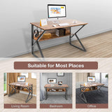 Computer Desk w/ Bookshelf, Large Desk Study Writing Table with 4 Hooks Home Office Desk, Rustic Brown