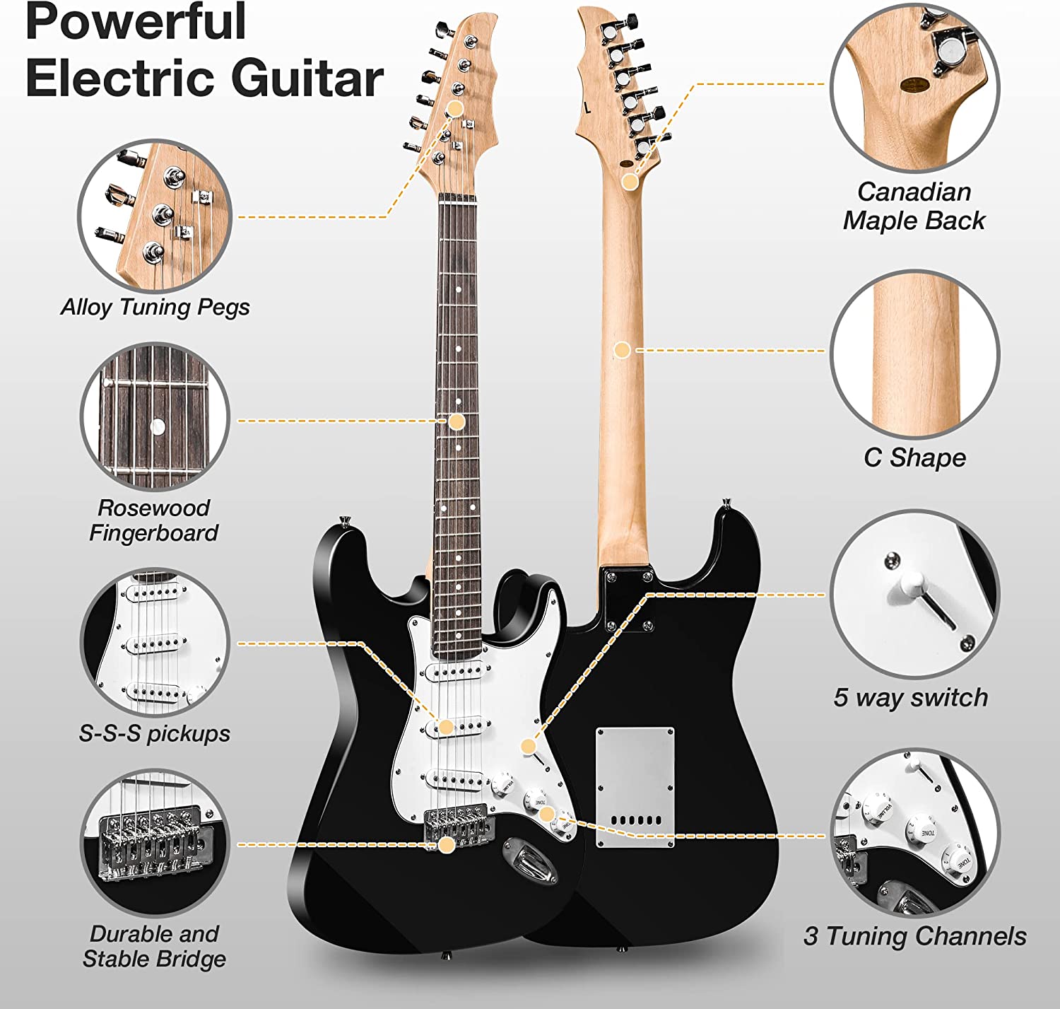 39" Full Size Electric Guitar Beginner Starter kit with 10w Amplifier, Black - Bosonshop