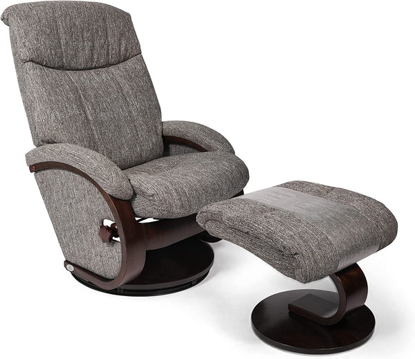 Swivel Recliner Chair with Ottoman Mid Century Stressless Chair for Living Room Bedroom, Heavy Duty Wood Base Matching Footrest, Fabric, Grey