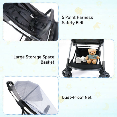 Lightweight Baby Stroller w/ Adjustable Canopy & Reclining Seat, One-Hand Quick Folding Stroller