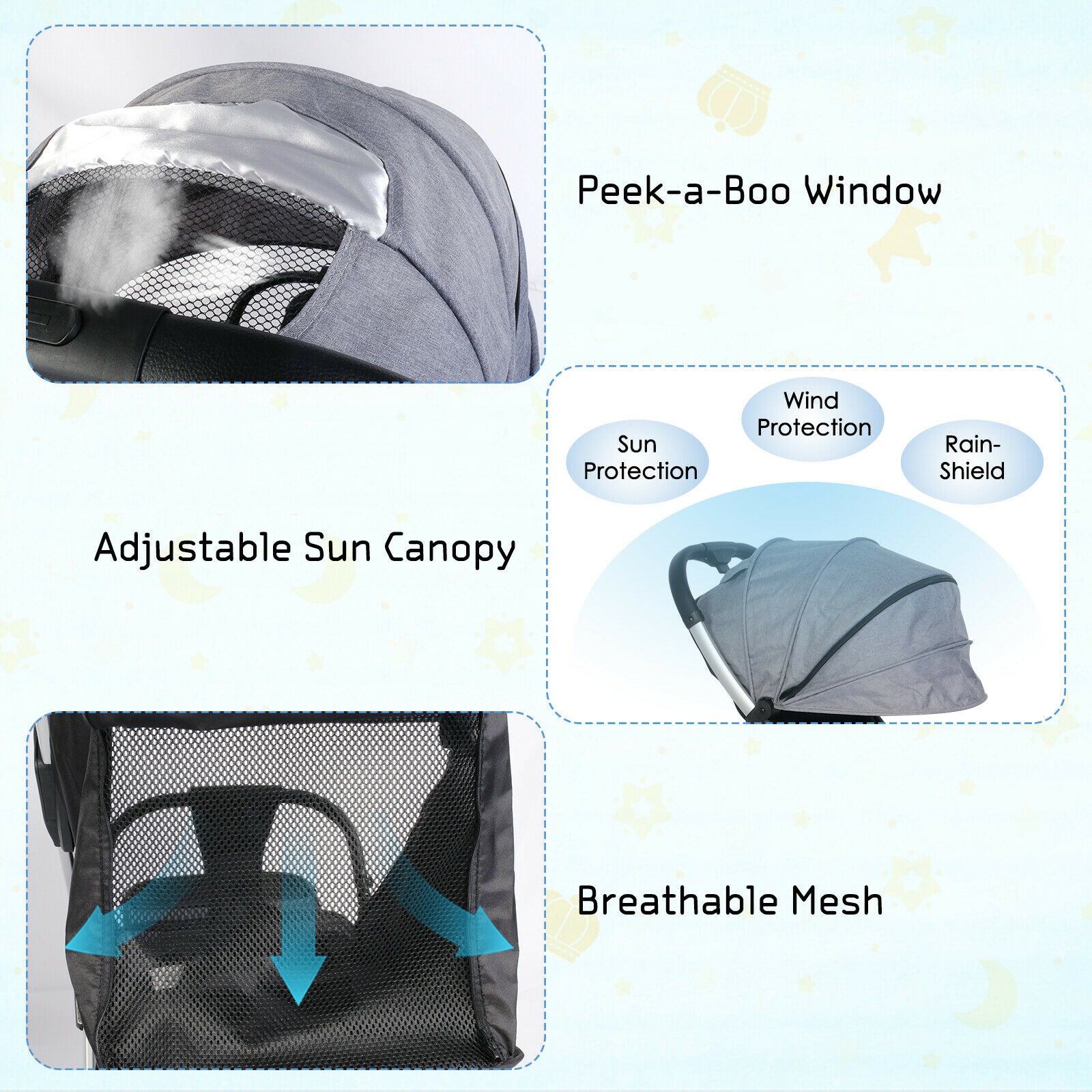 Lightweight Baby Stroller w/ Adjustable Canopy & Reclining Seat, One-Hand Quick Folding Stroller