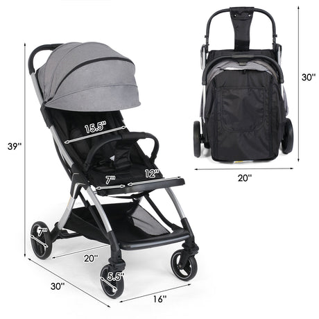 Lightweight Baby Stroller w/ Adjustable Canopy & Reclining Seat, One-Hand Quick Folding Stroller