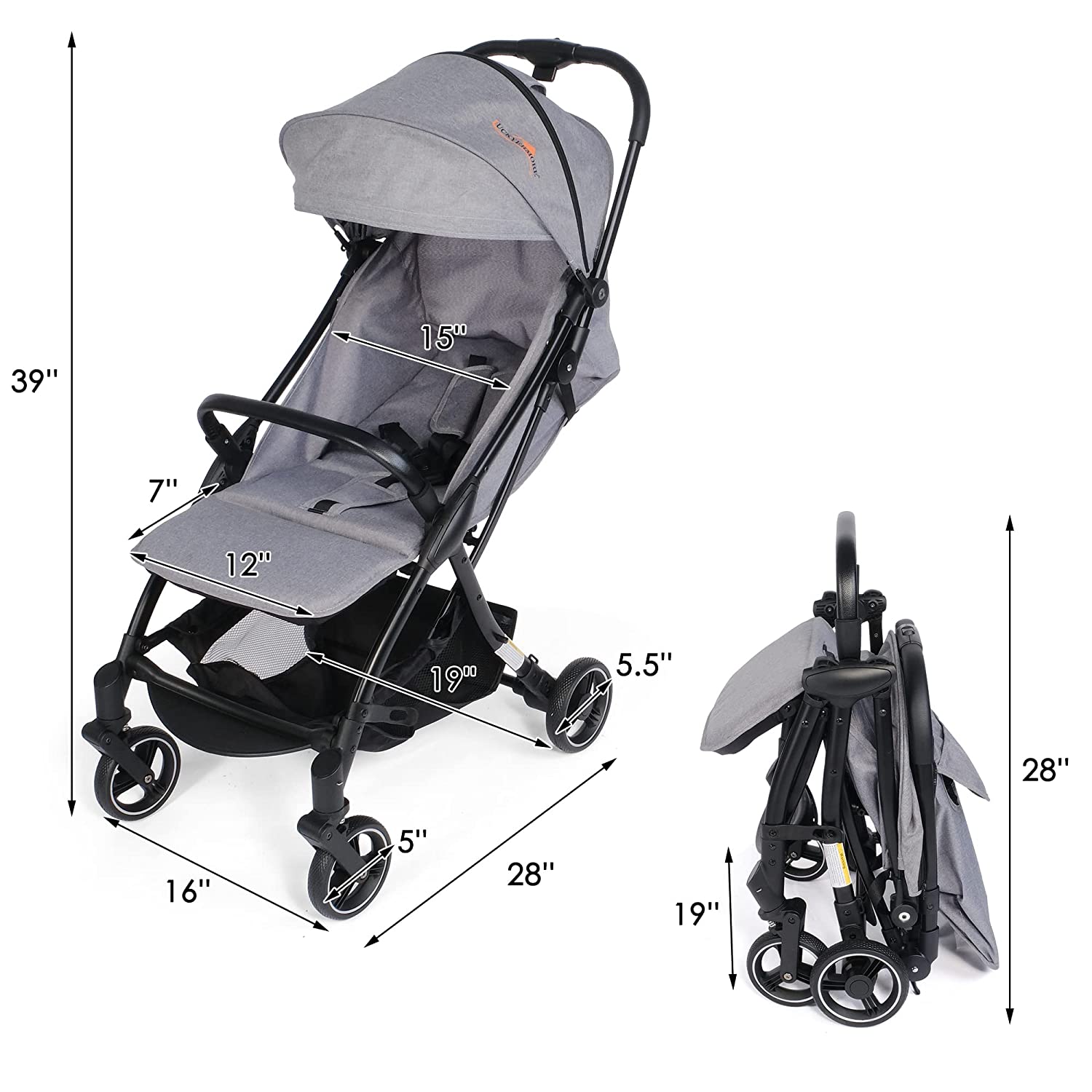 (Out of Stock) Compact Travel Baby Stroller for Airplane, One-Hand  Fold Lightweight Stroller w/ Adjustable Backrest and Canopy