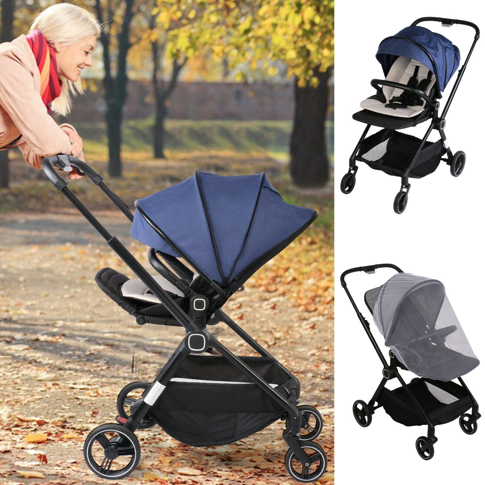 Foldable Compact Travel Strollers 5-Point Harness Infant Stroller w/ Reversible Handle, Adjustable Canopy & Backrest