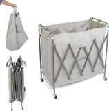 Folding 3 Sections Rolling Laundry Basket Laundry Cart Sorter  Hamper w/ Lockable Wheels & Removable Bags, Grey
