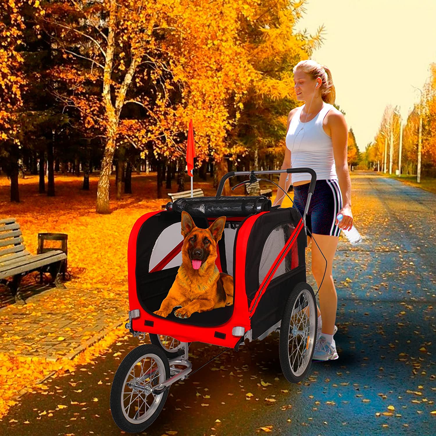 Dog Bike Trailer Cart 2 in 1 Pet Bicycle Stroller for Travel with Reflectors Parking Brake Breathable Protective Net, Red