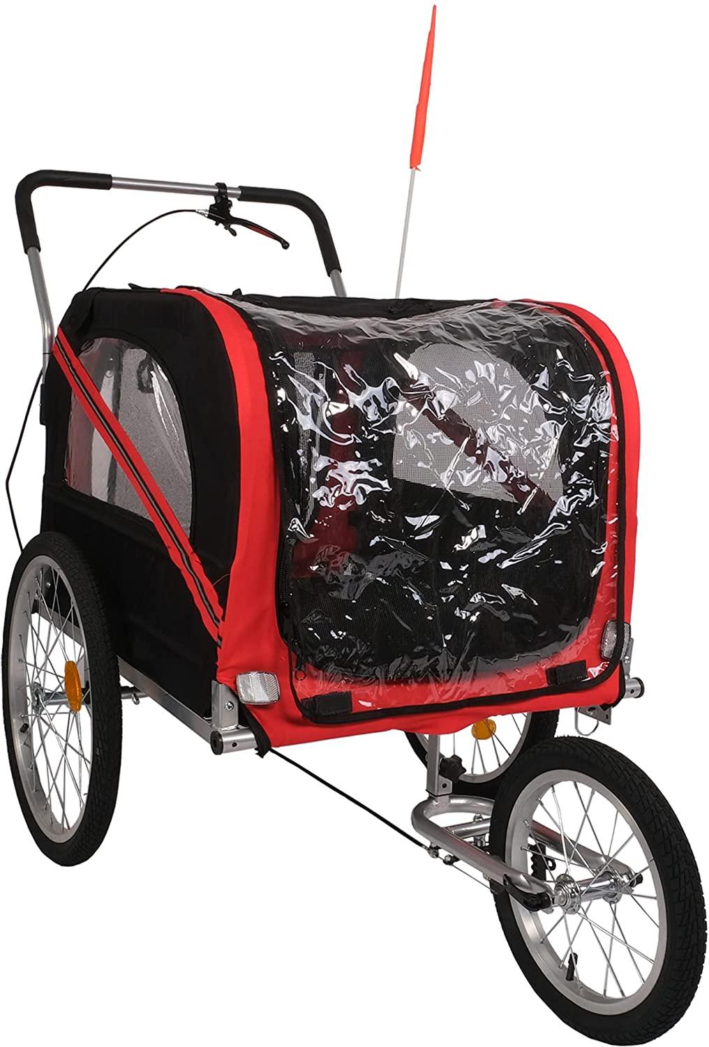 Dog Bike Trailer Cart 2 in 1 Pet Bicycle Stroller for Travel with Reflectors Parking Brake Breathable Protective Net, Red