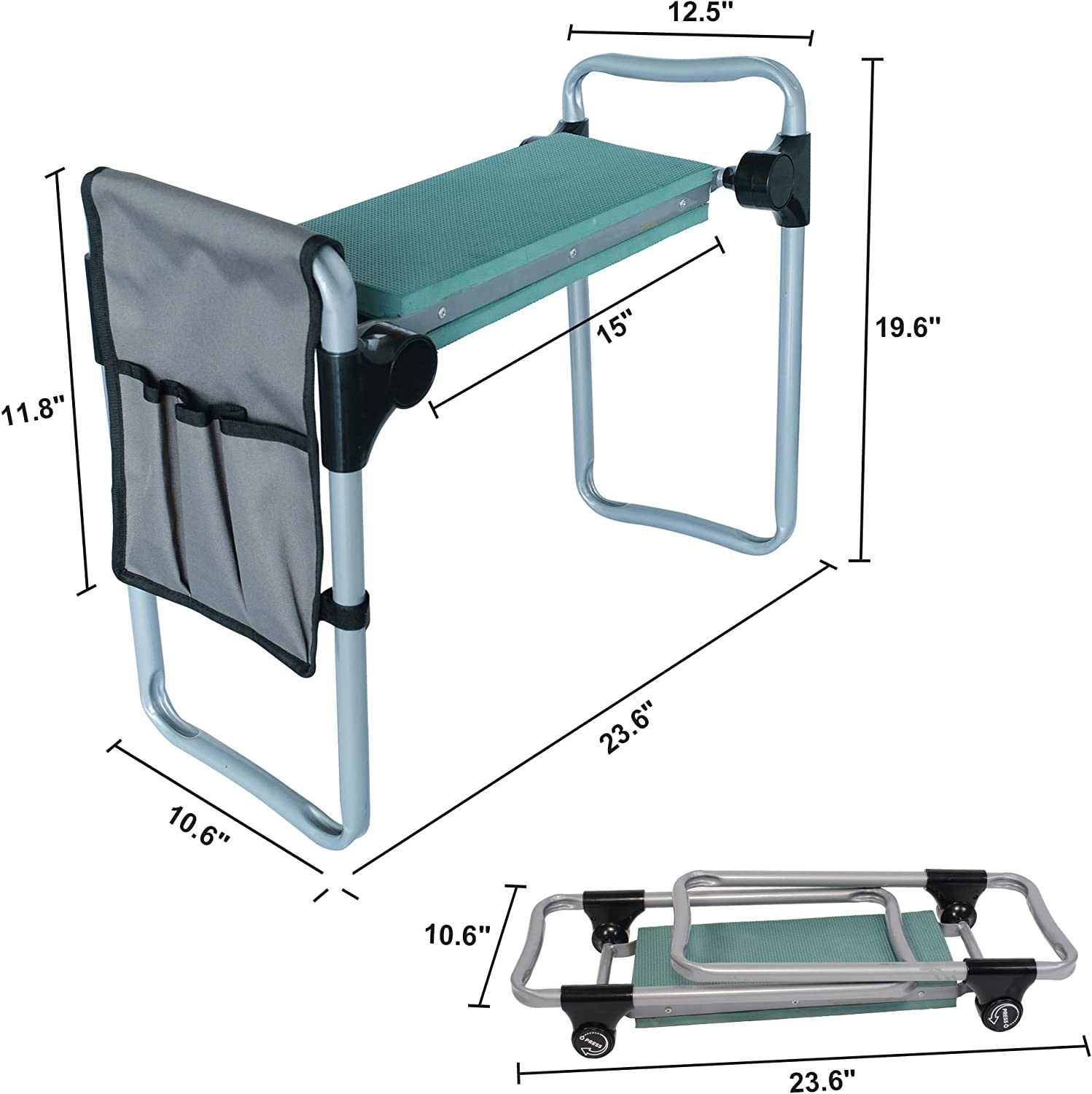 Garden Kneeler Seat Button Folding Gardening Bench with EVA Foam Kneeling Pad & Pouch