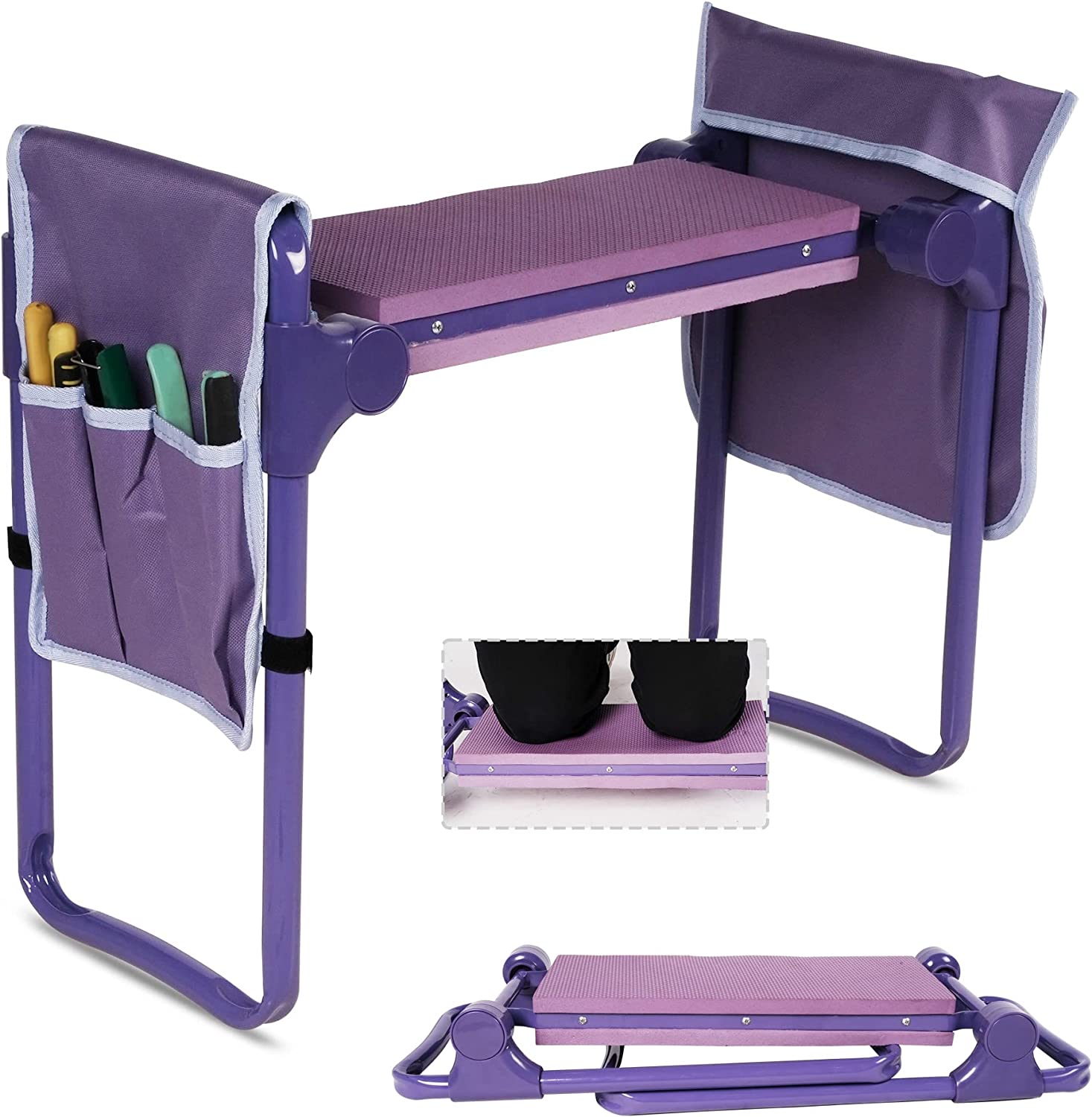 Garden Kneeler and Seat Upgraded Gardening Stool Bench with 2 Tool Pouches & EVA Foam Pad, Purple
